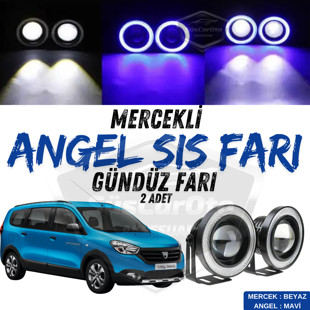 Dacia Lodgy 2012-2022 Uyumlu Üniversal Mercekli Angel Sis Farı Metal Su Geçirmez 76 mm Mavi Halkalı Gündüz Farı Angel Eyes 2 Adet image 0