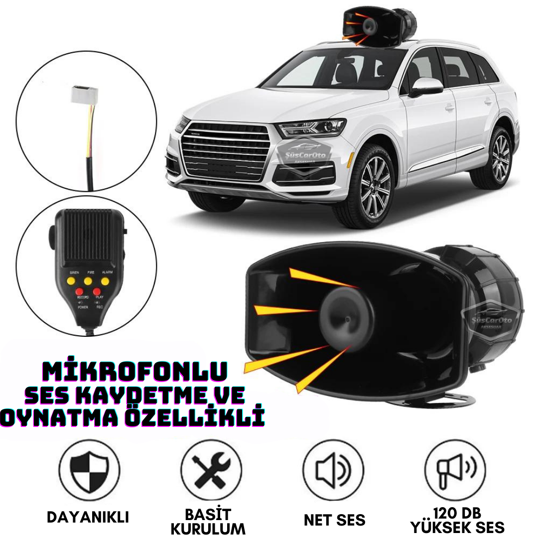 Her Araca Uyumlu Üniversal Ses Kaydetme ve Çalma Özellikli Siren 3 Farklı Siren Sesi Güçlü Polis Sireni Mikrofonlu Megafonlu Korna 12V 100W image 1