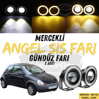 Ford Ka 1996-2008 Uyumlu Üniversal Mercekli Angel Sis Farı Metal Su Geçirmez 76 mm Sarı Halkalı Gündüz Farı Angel Eyes 2 Adet image 0