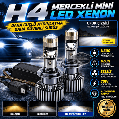 H4 Lazer Mercekli Far Ampulü Ufuk Çizgili Otomobil Araç Motosiklet Uyumlu Profesyonel Mini Projektör LED Beyaz Led Xenon Lamba 8200LM Şimşek Etkili Uzun Kısa 2 Adet 9/32v 70W