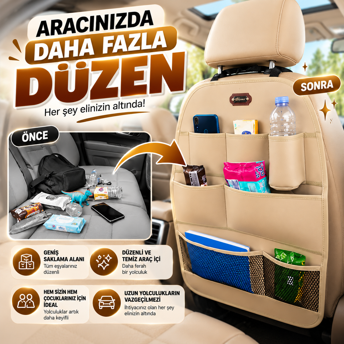 Premium Oto Koltuk Arkası Organizer Koruyucu ve Düzenleyici Suni Deri Su Geçirmez Çok Cepli Fonksiyonlu Araba İçi Cep Çanta Üniversal Bej