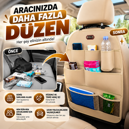 Premium Oto Koltuk Arkası Organizer Koruyucu ve Düzenleyici Suni Deri Su Geçirmez Çok Cepli Fonksiyonlu Araba İçi Cep Çanta Üniversal Bej