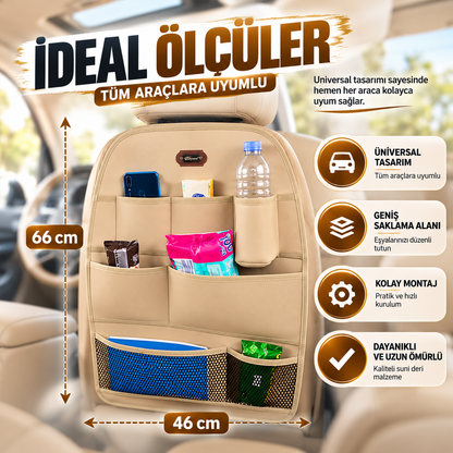 Premium Oto Koltuk Arkası Organizer Koruyucu ve Düzenleyici Suni Deri Su Geçirmez Çok Cepli Fonksiyonlu Araba İçi Cep Çanta Üniversal Bej