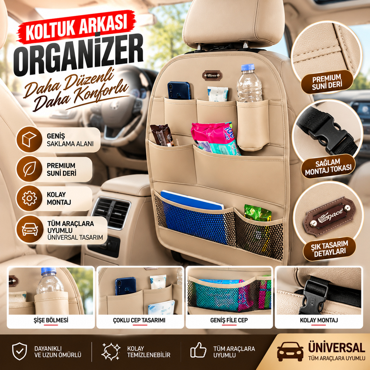Premium Oto Koltuk Arkası Organizer Koruyucu ve Düzenleyici Suni Deri Su Geçirmez Çok Cepli Fonksiyonlu Araba İçi Cep Çanta Üniversal Bej