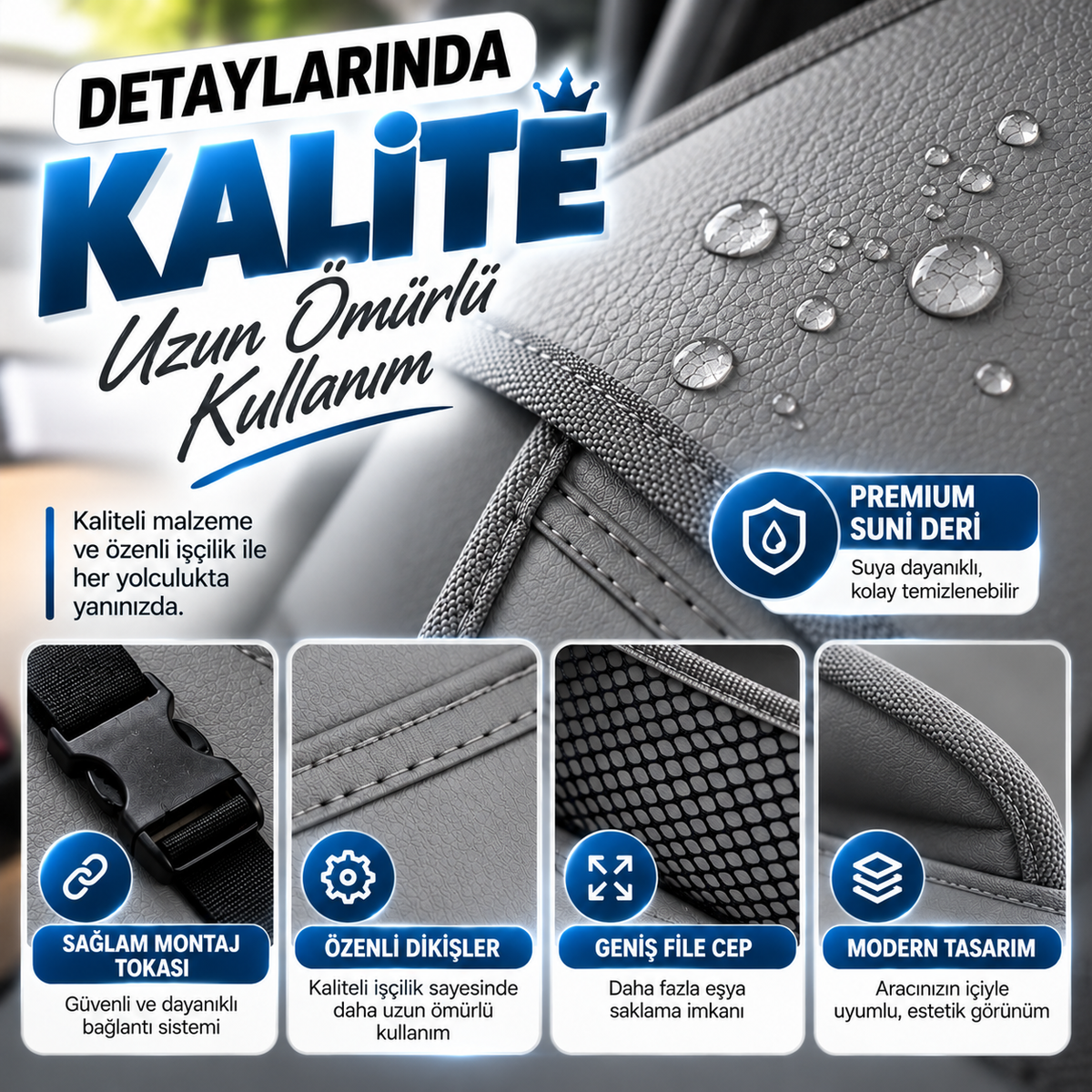 Premium Oto Koltuk Arkası Organizer Koruyucu ve Düzenleyici Suni Deri Su Geçirmez Çok Cepli Fonksiyonlu Araba İçi Cep Çanta Üniversal Gri