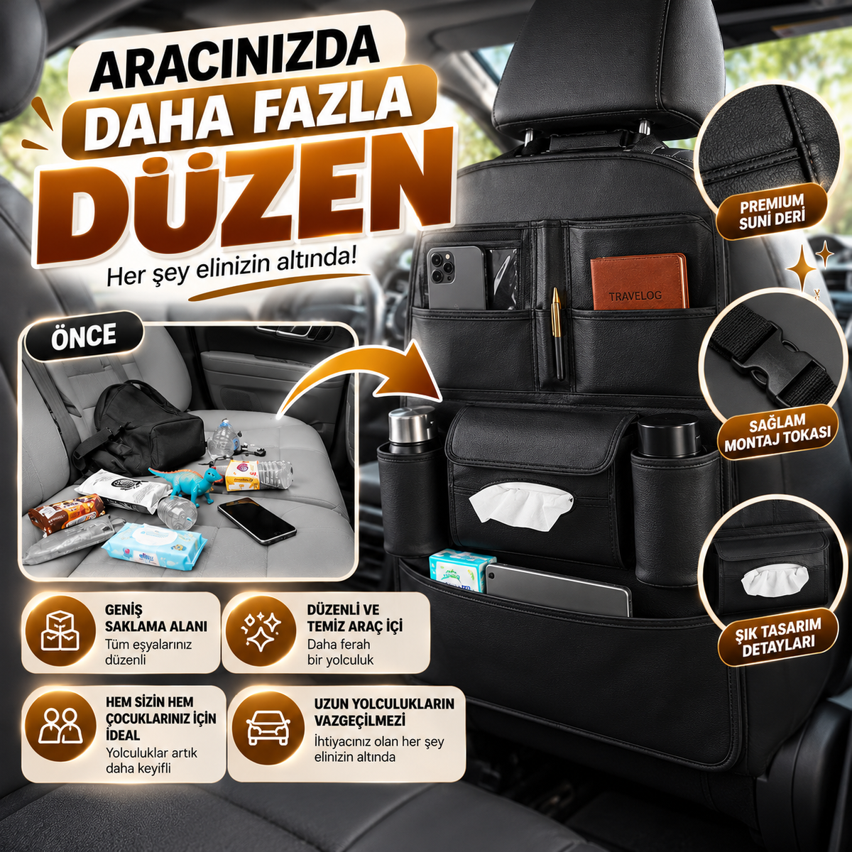 Premium Oto Koltuk Arkası Organizer Koruyucu ve Düzenleyici Suni Deri Su Geçirmez Çok Cepli Fonksiyonlu Araba İçi Cep Çanta Üniversal Siyah