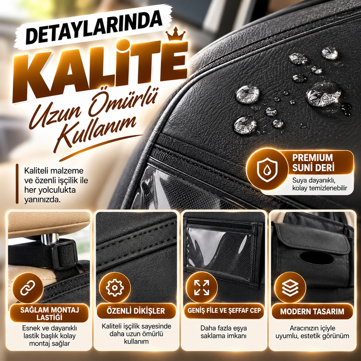 Premium Oto Koltuk Arkası Organizer Koruyucu ve Düzenleyici Suni Deri Su Geçirmez Çok Cepli Fonksiyonlu Araba İçi Cep Çanta Üniversal Siyah