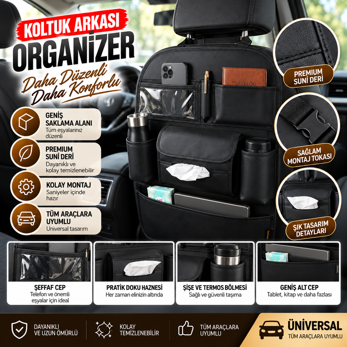 Premium Oto Koltuk Arkası Organizer Koruyucu ve Düzenleyici Suni Deri Su Geçirmez Çok Cepli Fonksiyonlu Araba İçi Cep Çanta Üniversal Siyah