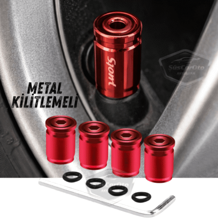 Kilitlemeli Sibop Kapağı Alyanlı Sibop Kapağı Araba Motosiklet Bisiklet Metal Sıkmalı Kırmızı 4 lü Set