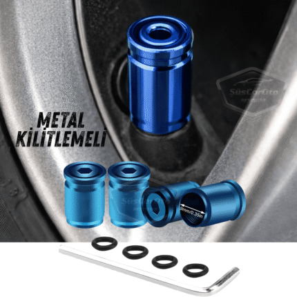 Kilitlemeli Sibop Kapağı Alyanlı Sibop Kapağı Araba Motosiklet Bisiklet Metal Sıkmalı Mavi 4 lü Set
