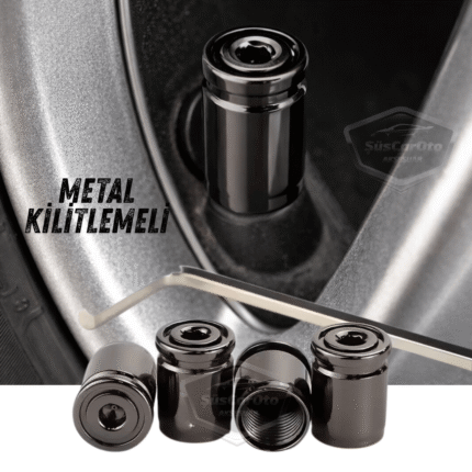 Kilitlemeli Sibop Kapağı Alyanlı Sibop Kapağı Araba Motosiklet Bisiklet Metal Sıkmalı Siyah 4 lü Set