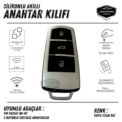 Volkswagen Passat B6 B7 Uyumlu Silikon Anahtar Kılıfı Oto Anahtar Kabı Darbe Emici Anahtarlık Koyu Titan Gri
