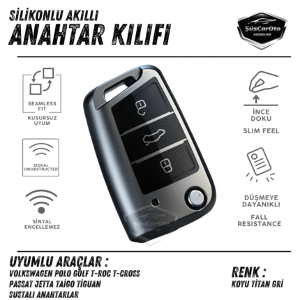 Volkswagen Polo Golf T-Roc T-Cross Passat Jetta Taigo Tiguan Sustalı Anahtar Uyumlu Silikon Anahtar Kılıfı Oto Anahtar Kabı Darbe Emici Anahtarlık Koyu Titan Gri