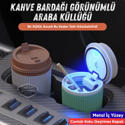 Üniversal Kahve Bardağı Görünümlü Led Işıklı Yanmaz Koku Geçirmez Oto Küllük Dumansız Sızdırmaz Kapaklı Araç İçi Küllük Araba Küllüğü Siyah Kahverengi