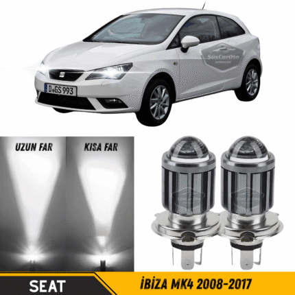 Seat İbiza Mk4 2008-2017 Uyumlu Mercekli Far Ampulü Led Xenon Beyaz Renk Far Şimşek Etkili CSP Led Lamba Uzun Kısa 2 Adet Takım